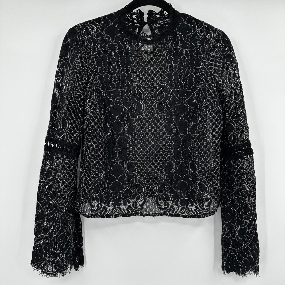 Miss Selfridge Black Metallic Floral Lace Bell Sleeve Top US 6 Romantic Gothcore